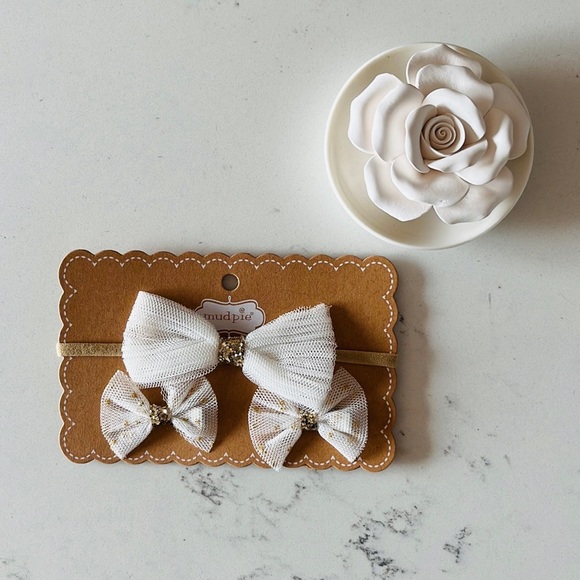 Mud Pie Ivory Mesh girl’s Bow Headband Clips Set - Picture 2 of 8